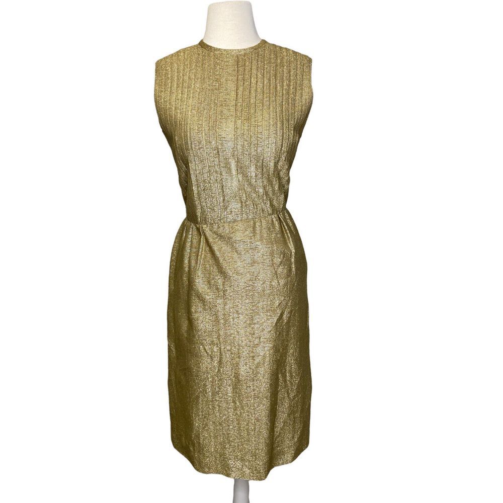 VTG 50s 60s Gold Lame Cocktail Party Dress sz 10 Medium Pleated Normay Hostess
